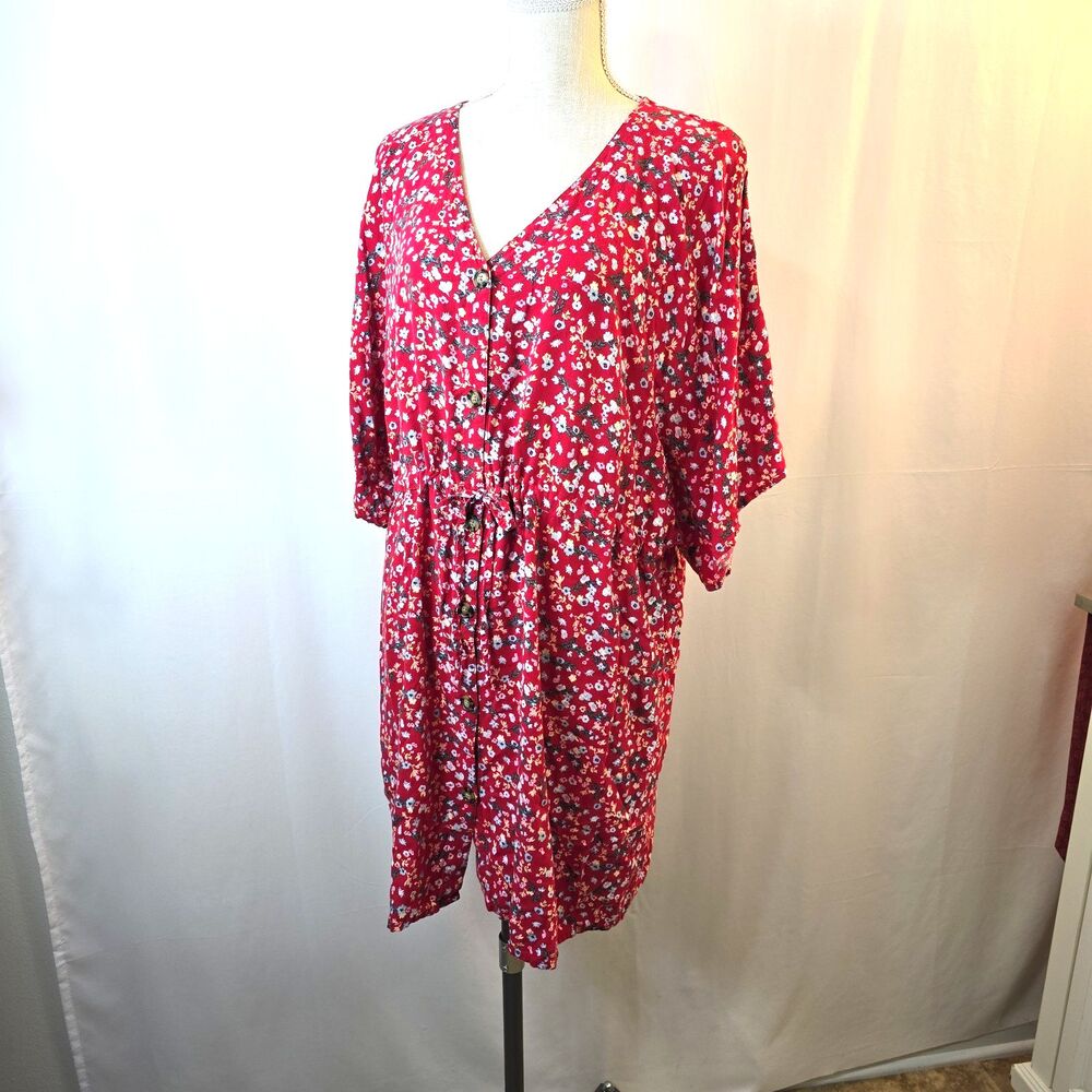 Chances R Red Floral Oversized Button Down Dress Size XL Adj Drawstring Waist